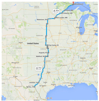 Route from Del Rio, TX to Grand Portage, MN