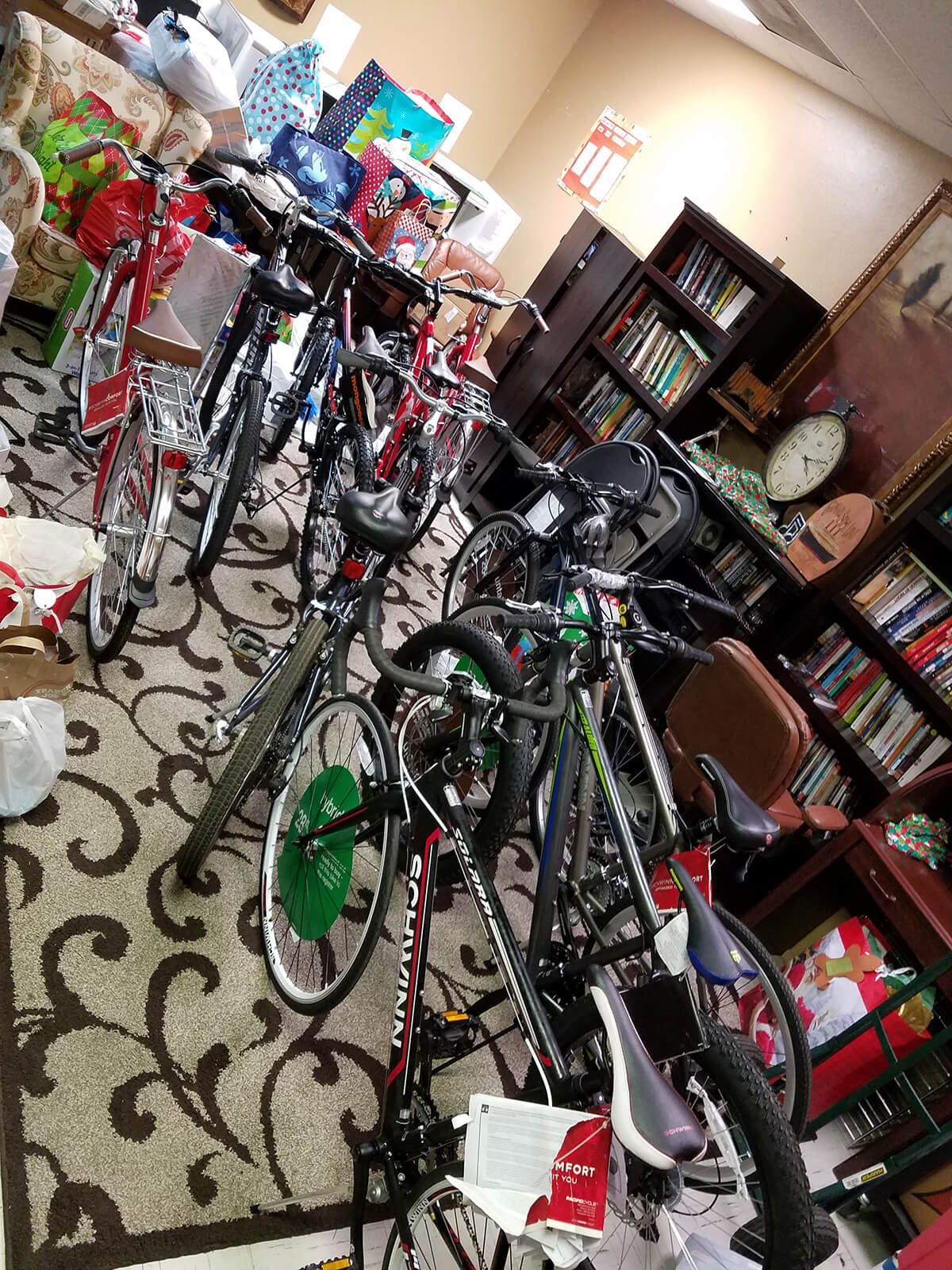 Bicycles hiden away for their Christmas morning reveal at the Arlington Life Shelter